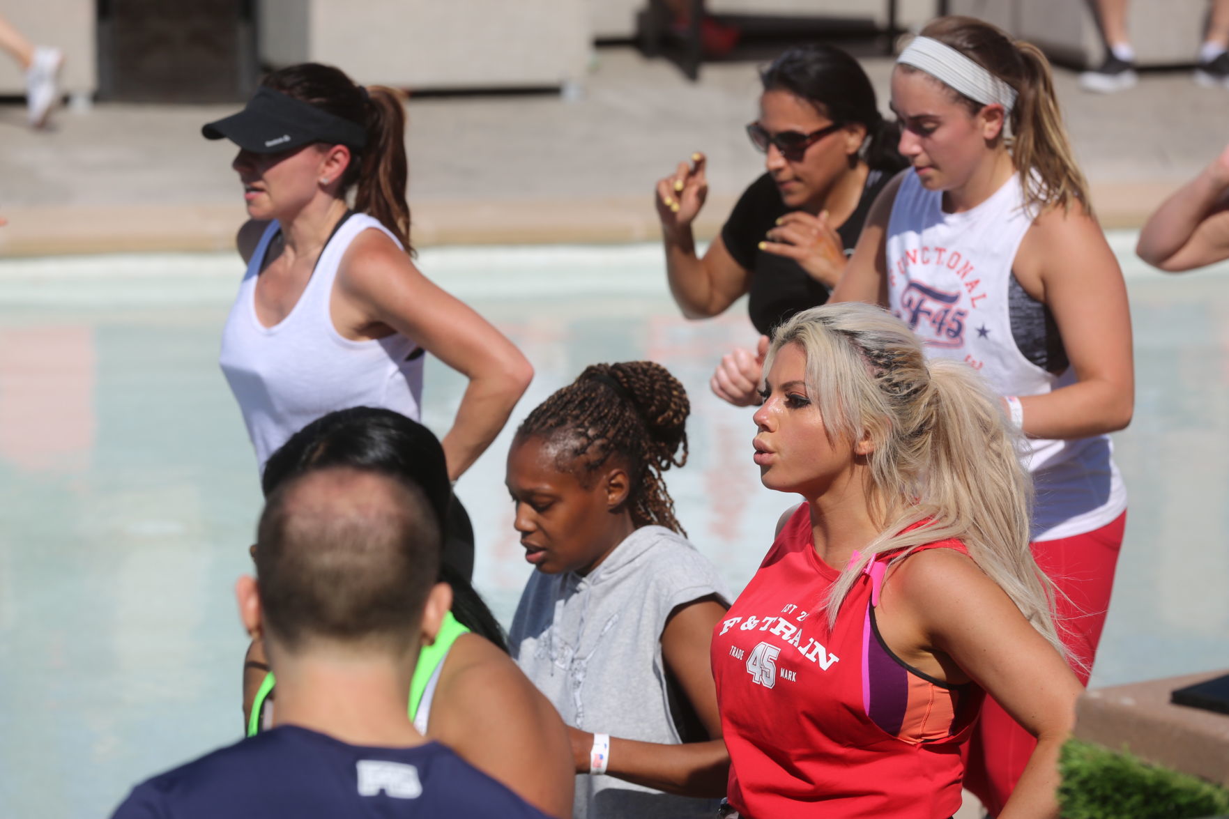 Actor Mark Wahlberg helps to lead a F45 track workout at Ocean Casino Resort in Atlantic City as part of the casino's one-year anniversary Saturday, June 22, 2019.